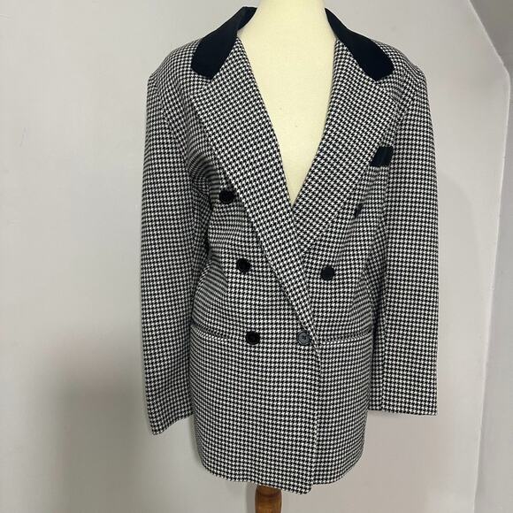 Vintage Jackets & Blazers - Vintage Womens Houndstooth Double Breasted Blazer Sz L Preppy Old Money Velvet